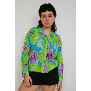 Vintage Y2K Allison Taylor Silk Top Womens Medium‎ Green Purple Floral Button Up